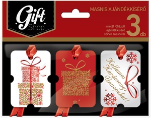 Ajándékkísérő 3db-os masnis GIFT SHOP színes, karácsonyi, metál