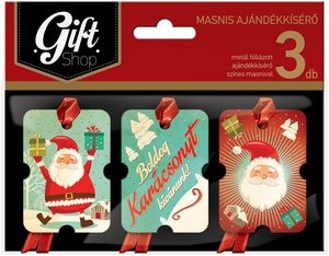 Ajándékkísérő 3db-os masnis GIFT SHOP színes, karácsonyi, metál
