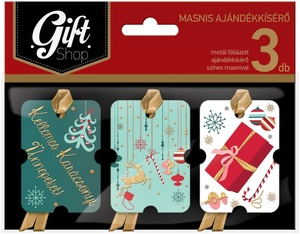 Ajándékkísérő 3db-os masnis GIFT SHOP színes, karácsonyi, metál