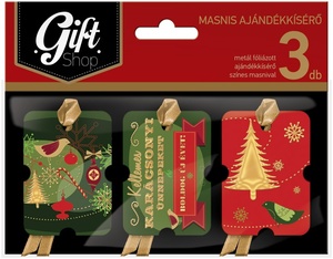 Ajándékkísérő 3db-os masnis GIFT SHOP színes, karácsonyi, metál