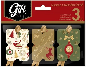 Ajándékkísérő 3db-os masnis GIFT SHOP színes, karácsonyi, metál