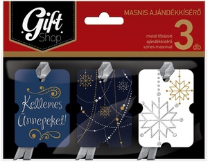 Ajándékkísérő 3db-os masnis GIFT SHOP színes, karácsonyi, metál