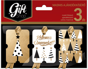 Ajándékkísérő 3db-os masnis GIFT SHOP színes, karácsonyi, metál