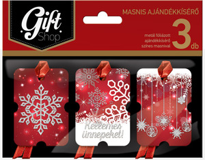 Ajándékkísérő 3db-os masnis GIFT SHOP színes, karácsonyi, metál
