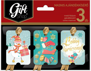 Ajándékkísérő 3db-os masnis GIFT SHOP színes, karácsonyi, metál