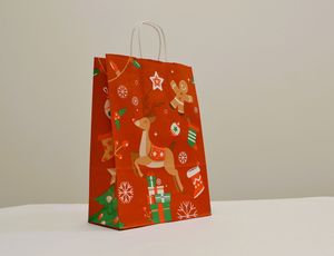 Sodrottfüles papírtáska 18x22 +8 cm, karácsonyi rénszarvasos piros