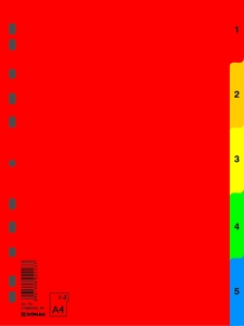 Elválasztó A4, 1-5, DONAU, műanyag, 11 lefűzőlyukú, színes