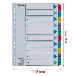 Elválasztó A4, 1-10, ESSELTE Mylar, karton, sorszámozott, fehér