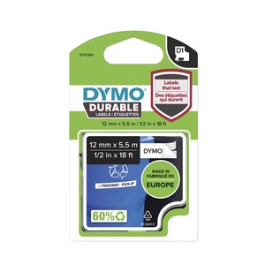 Betűnyomó kazetta 12mm x 5,5m, DYMO D1, tartós, gépi, fekete-fehér