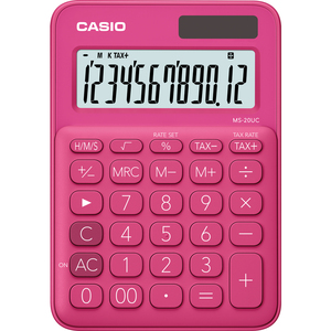 Számológép CASIO MS-20UC, 12 számjegyű, elem + napelemes, piros