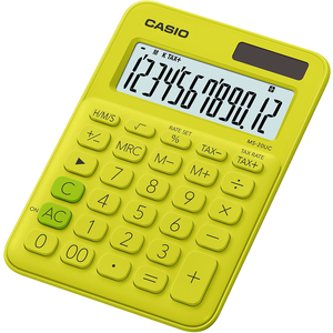 Számológép CASIO MS-20UC, 12 számjegyű, elem + napelem, sárga-zöld