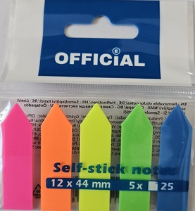 Jelölőcímke 12x45mm, 5x25 lap, OFFICIAL, műanyag, 5 neon színű nyílak