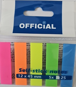 Jelölőcímke 12x45mm, 5x25lap, OFFICIAL, műanyag, 5 neon színű hasáb