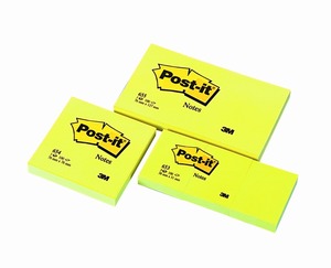 &Ouml;ntapad&oacute; jegyzett&ouml;mb 38x51mm, 3M Post-it 653, s&aacute;rga, 3x100 lap,