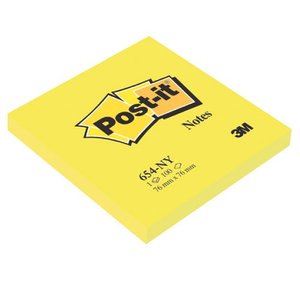 Öntapadó jegyzettömb 76x76 mm, 3M Post-it 654-NY, 100 lap, neon sárga