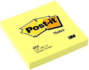 Öntapadó jegyzettömb 76x76 mm, 3M Post-it 654, sárga, 100 lap,