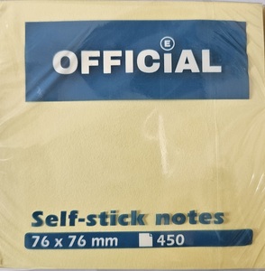 Öntapadó jegyzettömb 76x76 mm, OFFICIAL, 450 lap, sárga