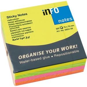 Öntapadó jegyzettömb 75x75mm, INFO NOTES, 320 lap, neon vegyes,