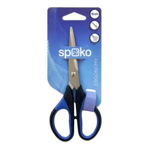 Olló 15 cm, SPOKO 0535, szimmetrikus, gumis fogórész, kék-fekete