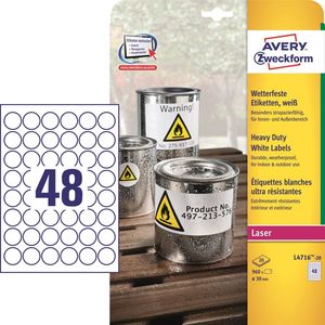 Etikett 30 mm kör, AVERY poliészter, időjárásálló, 20 lap, fehér
