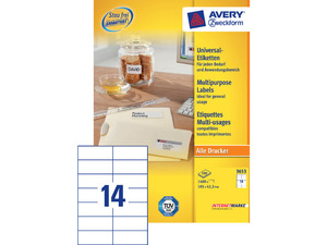 Etikett 105x42,4 mm, AVERY 3653, univerzális, 100 lap, fehér