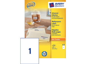 Etikett 210x297 mm, AVERY 3478 univerzális, 1 címke, 100 lap, fehér