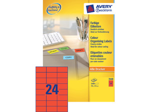 Etikett 70x37 mm, AVERY 3448, univerzális, 24 címke, 100 lap, piros