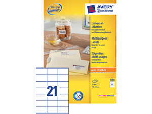 Etikett 70x41 mm, AVERY 3481, univerzális, 21 címke, 100 lap, fehér