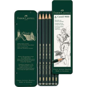 Ceruza 6 db-os, FABER-CASTELL 9000, hatszögű, zöldtestű, fém dobozban