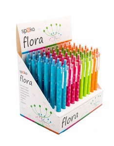Golyóstoll SPOKO 0165 Flora, nyomógombos, 4 neon színben, kék írás