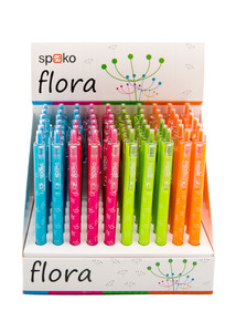 Golyóstoll SPOKO 0165 Flora, nyomógombos, 4 neon színben, kék írás