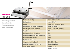 Fémspirálozó gép 3:1, RENZ RW 360, kézi, 22/135 lap