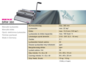 Fémspirálozó gép 3:1, RENZ SRW 360, kézi, 22/135 lap