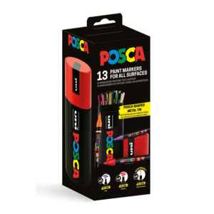 Dekormarker UNI Posca, 13 db-os k&eacute;szlet, vegyes, f&eacute;m dobozban