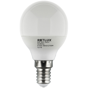LED izzó, E14, 6W, kis gömb, RETLUX RLL 268, 470lm, meleg fehér