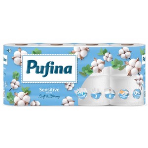 Toalettpapír 8 tekercs, PUFINA Sensitive Aquabond 3 rétegű, illatmentes