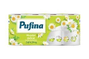 Toalettpapír 8 tekercs, PUFINA Chamomile, 3 rétegű, kamilla illatával,