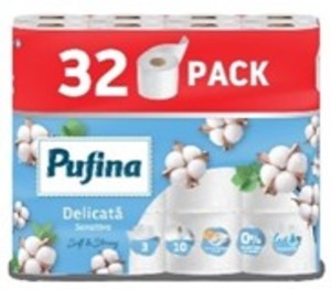 Toalettpap&iacute;r 32 tek, PUFINA, Sensitive, 3 r&eacute;tegű, 140 lap,