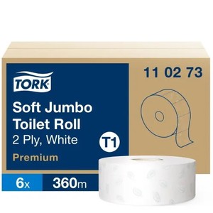 Toalettpap&iacute;r 26 cm, 2 r&eacute;tegű, TORK Soft Jumbo Premium T1, h&oacute;feh&eacute;r,