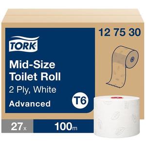 Toalettpap&iacute;r 13,2 cm, 2 r&eacute;tegű TORK Mid-size Advanced T6, feh&eacute;r,