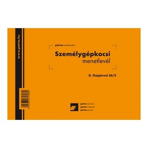 Személygépkocsi menetlevél A5, D.GÉPJ.36/A5, fekvő, 100 lapos