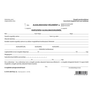 Orvosi vélemény a gépjárművez. alkalmasságról A5, fekvő, 2 lapos